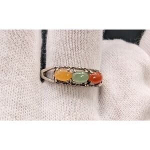 VINTAGE AVON 925 STERLING SILVER YELLOW, GREEN AND ORANGE JADE RING SIZE 10